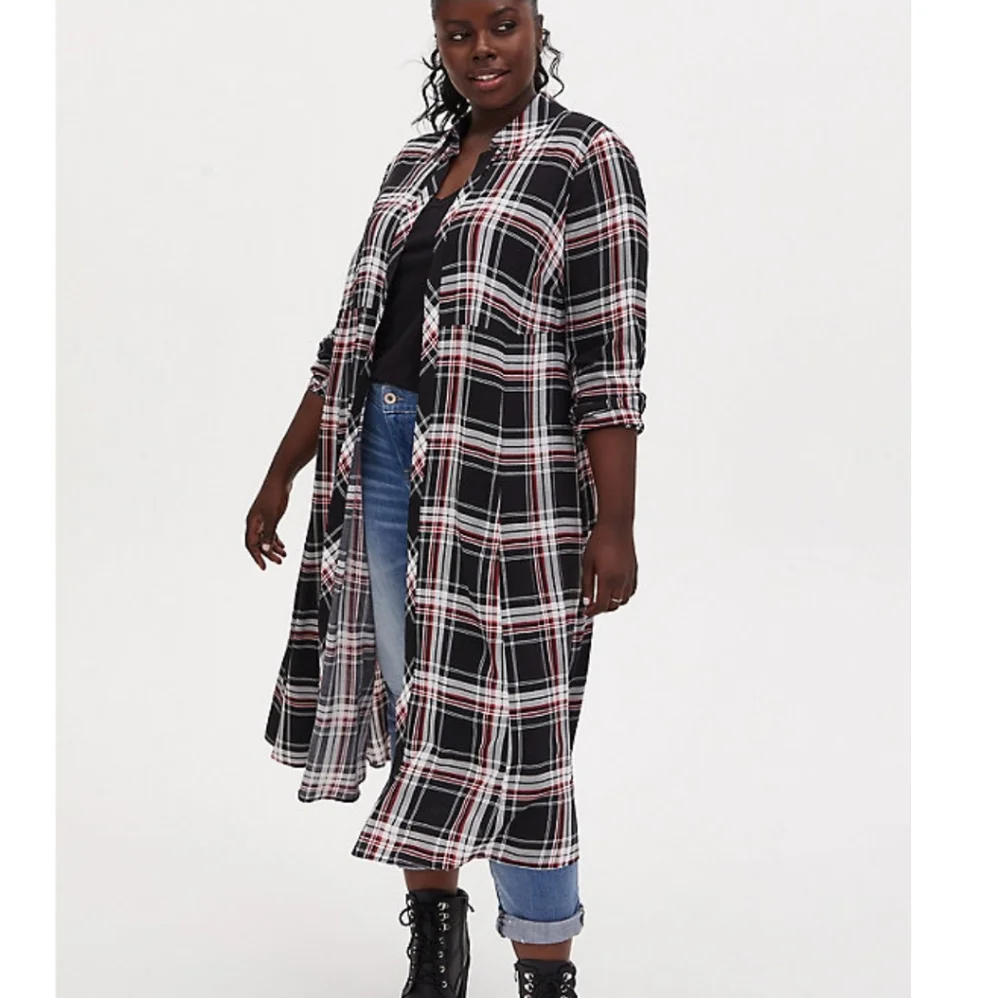 🆕️ Torrid Red & Black Plaid Challis Shirt Kimono Maxi Duster sz 3x 22-24